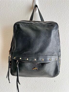 Velez Black Leather Backpack with Gold Stud Accents